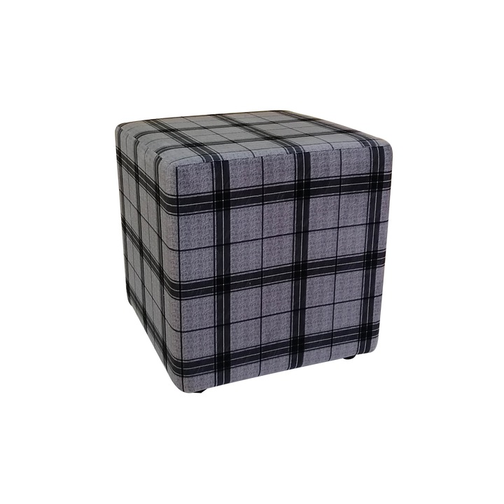 Taburet pe structura de lemn, Spring, 42x42x42 cm, Hande, Gri cu carouri