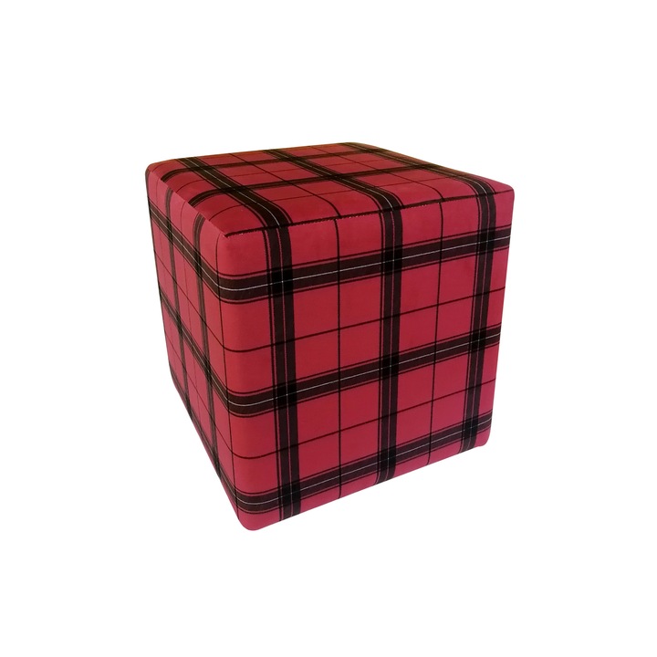 Taburet pe structura de lemn, Spring, 42x42x42 cm, Hande, Rosu cu carouri