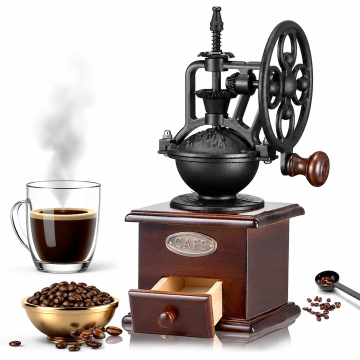 Rasnita Cafea Manuala, Retro, cu 1 lingura, BYONDSELF®, Ajustare Grosime, pentru Espresso, Condimente, Pour Over, French Press, Decor, Lemn + Nucleu Ceramic + Fonta