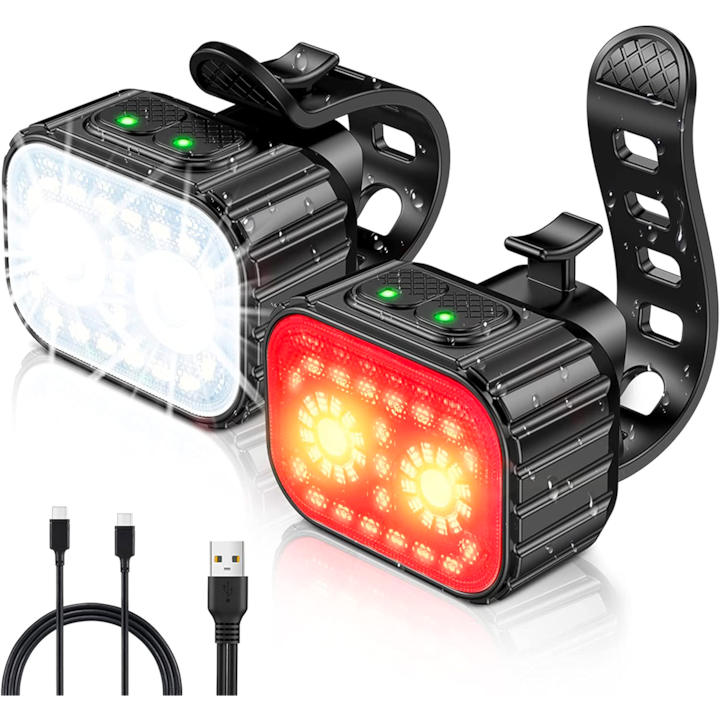 21 LED kerékpár lámpa készlet, fényszóró és hátsó lámpa, USB újratölthető 1100mAh akkumulátorral, 4 világítási mód, IPX6 víz- és porálló, fehér/piros