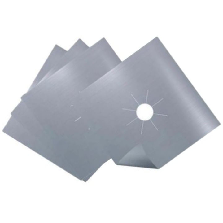 Set Protectii Teflonate pentru aragaz si plita, 4 buc, Densitate Mare, grosime 0.25 cm, Anti-ardere, Lavabile, Reutilizabile, 27x27 cm, gri