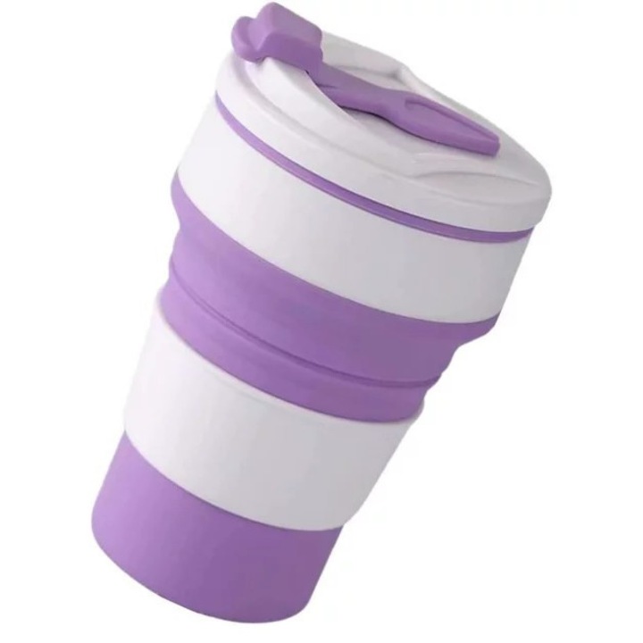 Többször használható és összehajtható bögre, 350 ml, szilikon, 6-13,5 cm, utazáshoz, autóhoz, irodához, kempingezéshez, szabadtéri tevékenységekhez, Lila