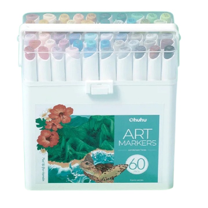 Комплект от 60 маркера Ohuhu Kaala, на алкохолна основа, двойни накрайници, тънки широки и фини, различни цветове