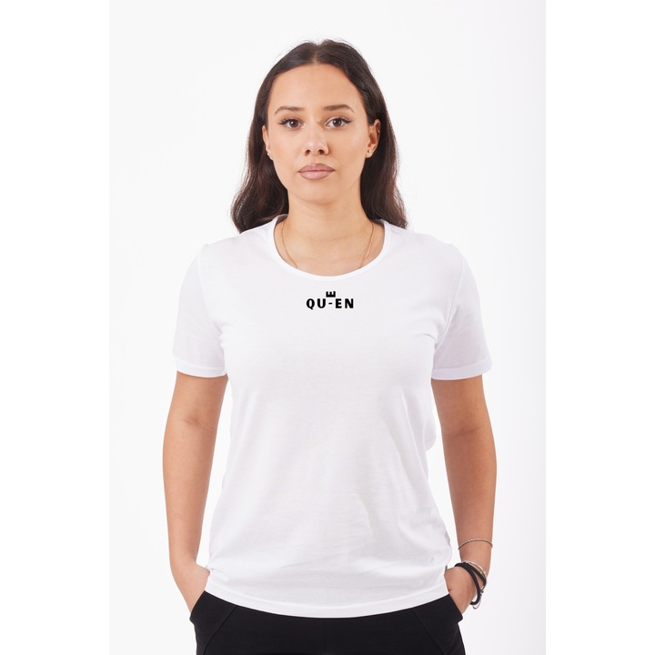 Tricou pentru femei personalizat cu mesaj text mic Queen, Bumbac, Alb, XL