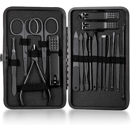 Trusa manichiura si pedichiura, JENUOS®, cu etui depozitare, 18 piese, Negru