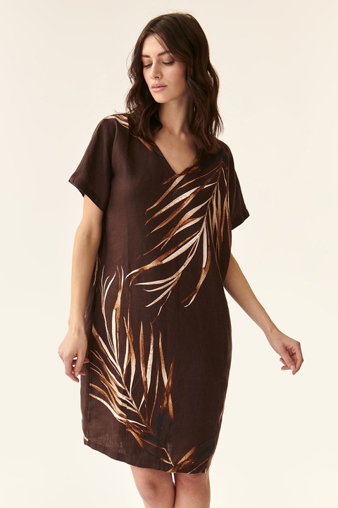 Tatuum, Rochie mini de in cu model tropical, Maro inchis/Maro scortisoara