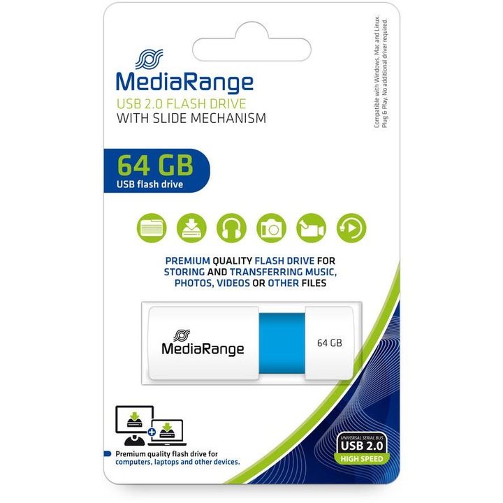 Флашка 64 Gb, MediaRange, USB 2.0, Бяла/Синя