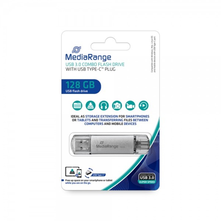 USB памет, MediaRange, USB 3.0, USB Type-C, 128GB, сребрист