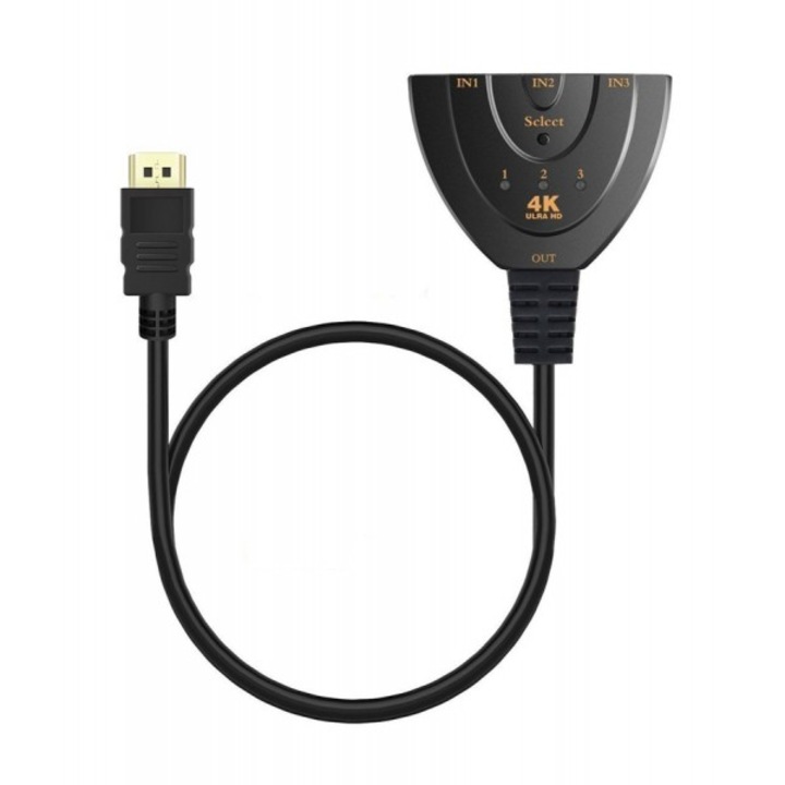 HDMI превключвател PowerTech 3x1, 4K x 2K & 3D, 0.50м, Черен