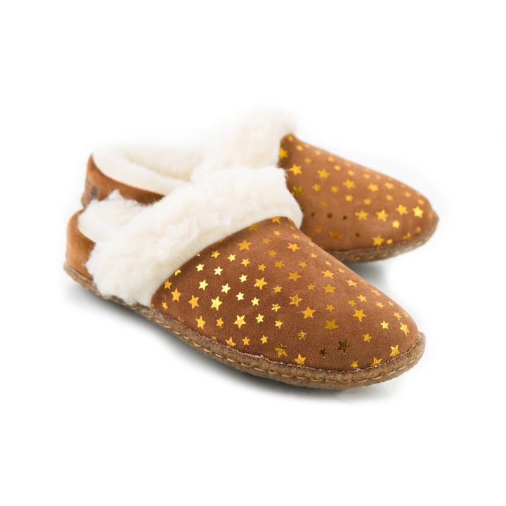 Papuci copii, Sorel, Piele naturala, Maro/Alb, Maro