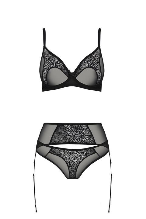 Set Lenjerie Sexy Passion, Sutien si Chiloti, Dantela si Tul, Negru, S/M