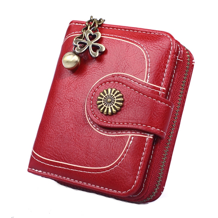 Дамски портфейл, BOMSTOM, с RFID блокиране, многослотов държач за монети, държач за карти, естествена кожа, 11 x 9 x 3,5 см, червен