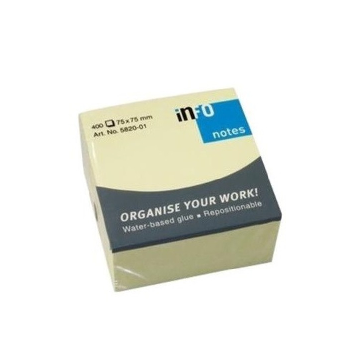 Notite adezive Info Notes, 75mm x 75mm cub, 400 file, galben