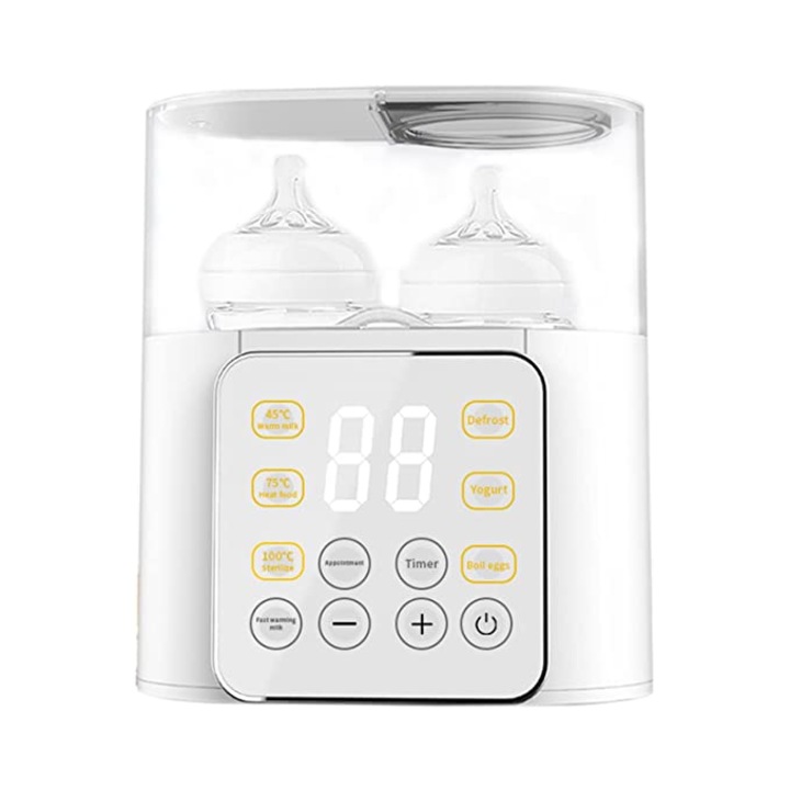 Нагревател и електрически стерилизатор за бебешки шишета, 7 в 1, без BPA, LCD дисплей, таймер, бял