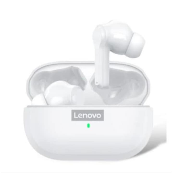 Безжични слушалки за поставяне в ушите, Lenovo LP1S, Bluetooth 5.0, HIFI, IPX4, намаляване на шума, бели