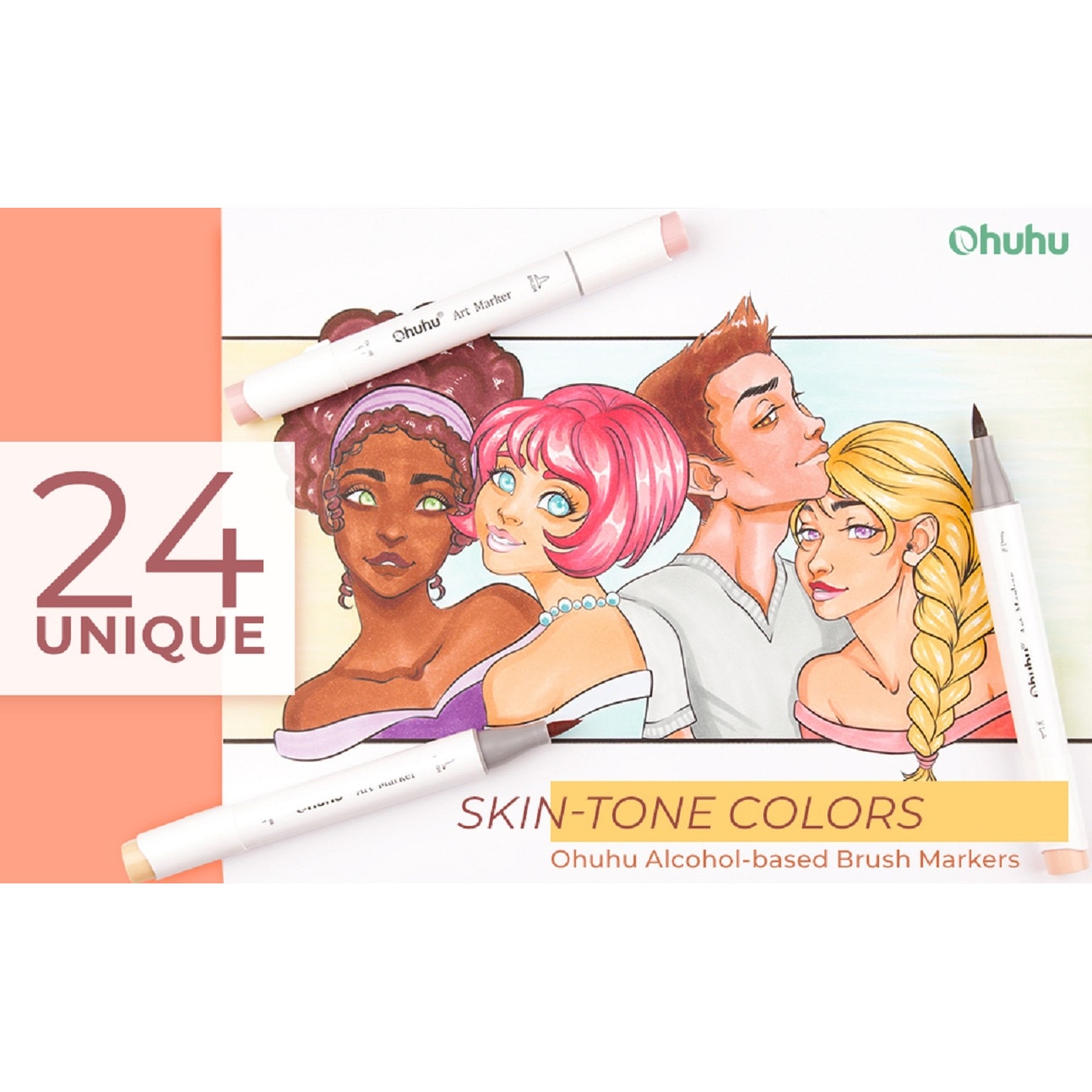 Set 24 Markere Ohuhu Honolulu, Baza Alcool, Skin Tones, Varf Dublu ...