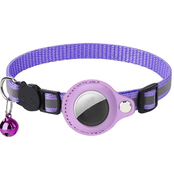 Zgarda reflectorizanta, Lungime reglabila, pentru pisici, Compatibil cu AirTag, Mov