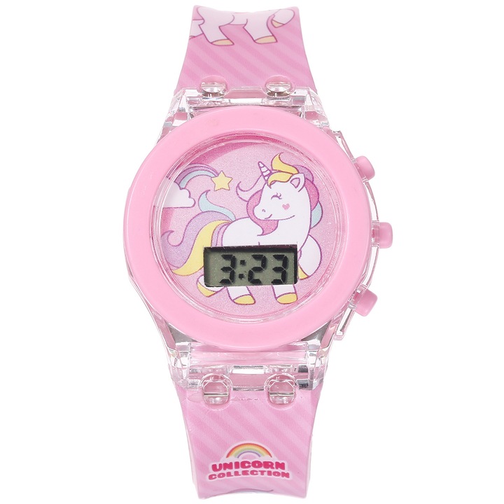 Комплект дигитален ръчен часовник, За момичета, Светещ с дъгова гривна, Розов