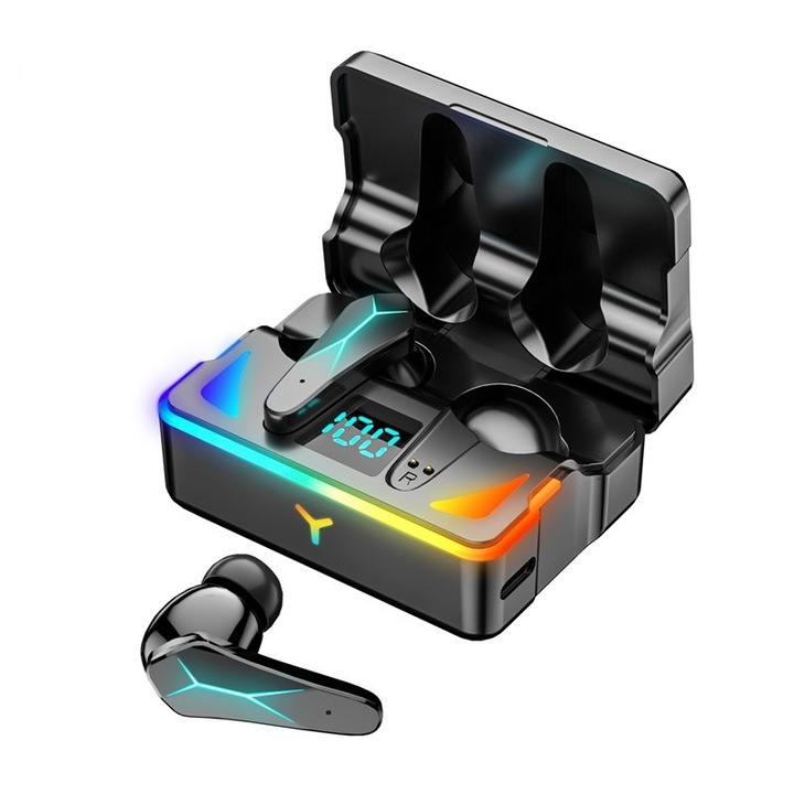 TWS X= Vezeték nélküli gaming fejhallgató, Bluetooth 5.1, érintésvezérlés, zajszűrés, vízállóság, fekete