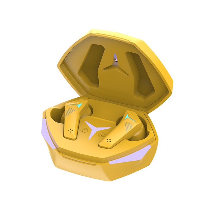 QKY T33 vezeték nélküli fülhallgató, TWS, Bluetooth 5.2, mikrofon, zajszűrés, játék alacsony késleltetéssel, LED, sárga