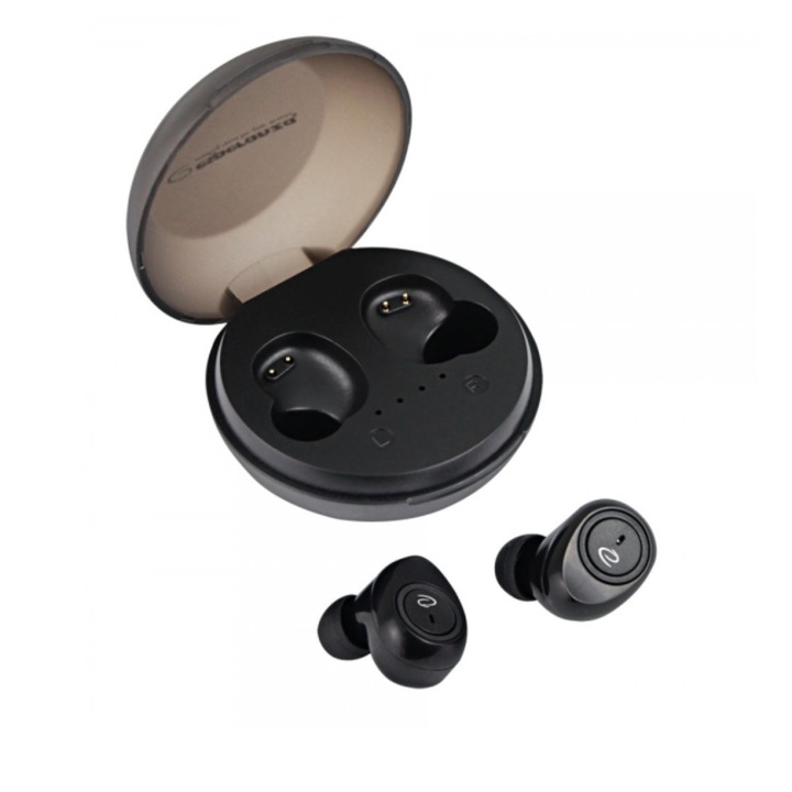 Vezeték nélküli TWS fülbe helyezhető fejhallgató, Esperanza Cetus 95834, Bluetooth v.5.0, töltőállomással, fekete