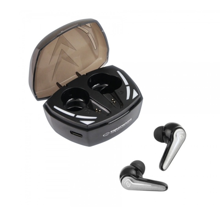 Vezeték nélküli TWS fülbe helyezhető fejhallgató, Esperanza Xenon 95840, Bluetooth v.5.0, töltőállomással, fekete