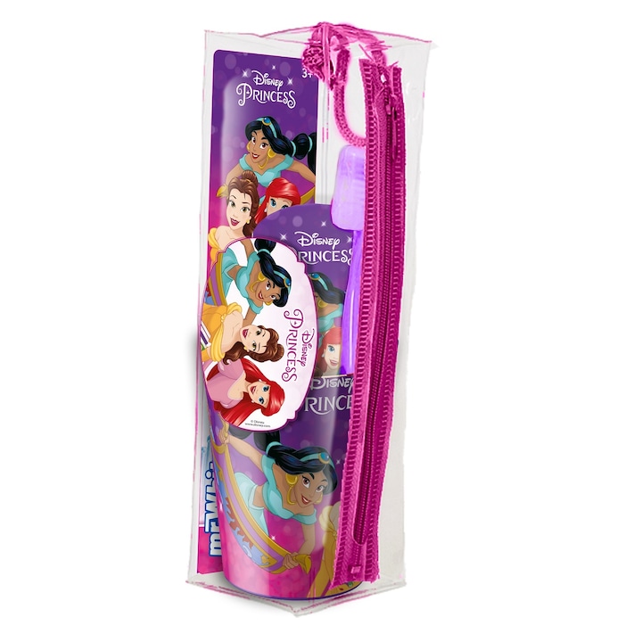 Комплект за пътуване Disney Princess за деца +3 години Паста за зъби 75 ml, чаша вода и мека четка за зъби с капачка и вендуза