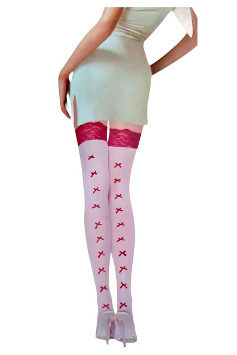 Dres dama, StarFashion, tip ciorap trei sferturi, cu banda adeziva, cu dantela rosie si model X, albi, OneSize