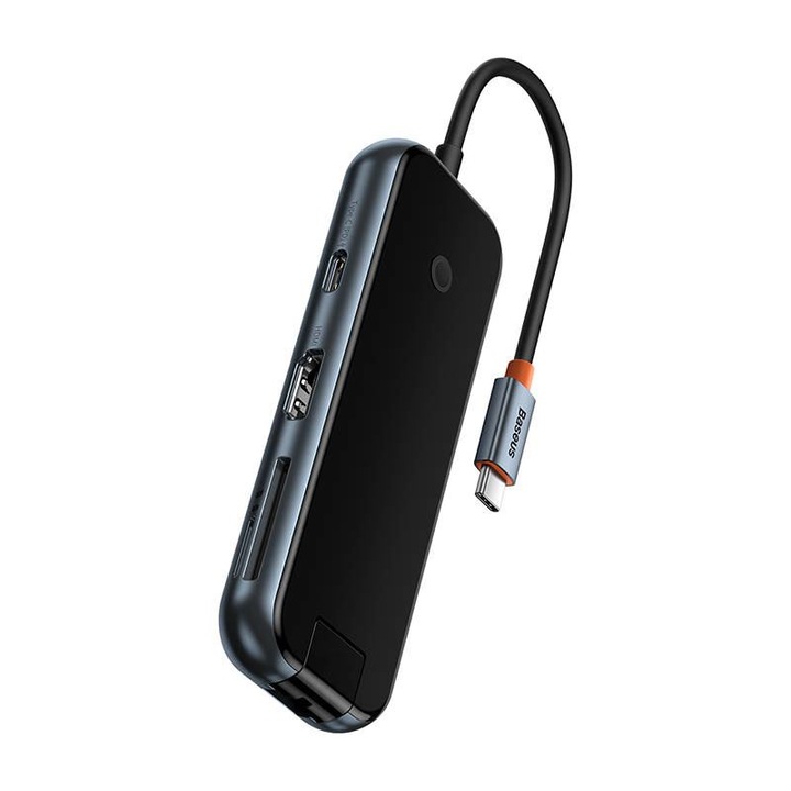 Хъб Baseus AcmeJoy, USB-C към 1xHDMI, 2xUSB-A 3.0, 1xUSB-A 2.0, 1xUSB-C PD&Data, 1xRJ45, 1xSD/TF, тъмносив