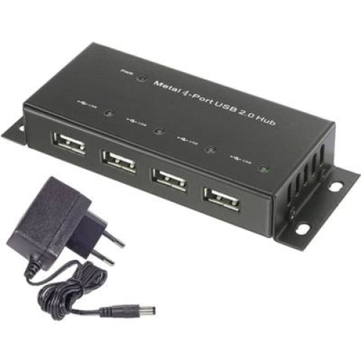 4-портов USB 2.0 хъб, метален корпус, стенен монтаж, черен, Renkforce 1610328 (RF-4830984)