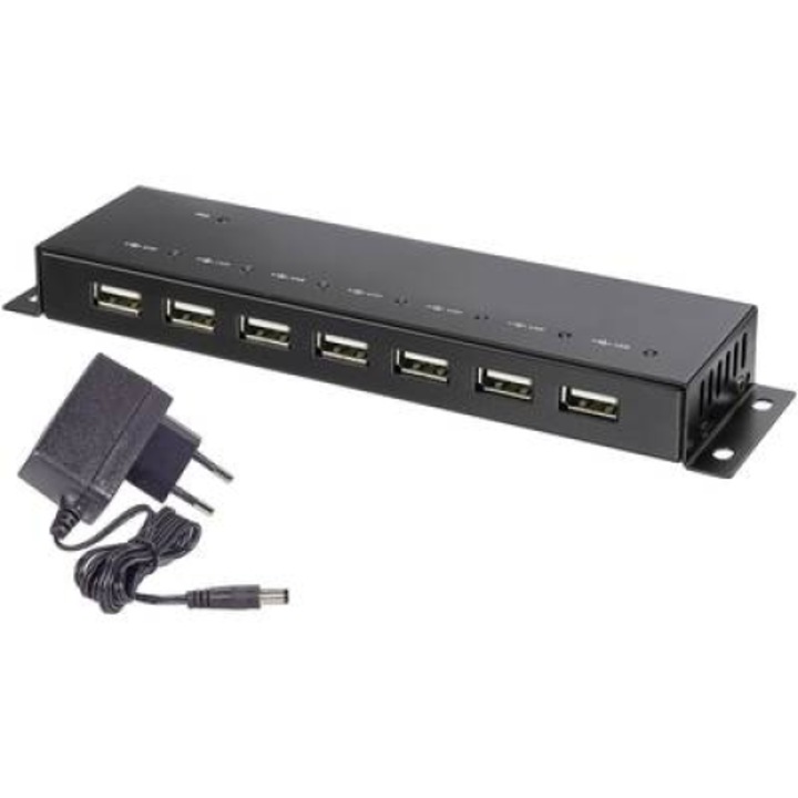 7-портов USB 2.0 хъб, метален корпус, стенен монтаж, черен, Renkforce (RF-4791678)