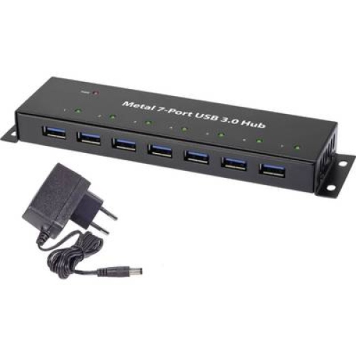 USB 3.0 хъб, метален, с мрежов адаптер, 7 порта, Renkforce (RF-3955359)