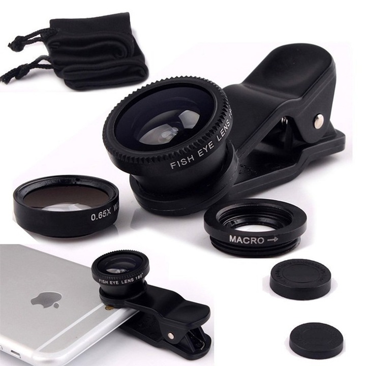 Комплект обективи за телефон ШантавоЕ Fish eye , Macro и Wide angle, Универсални, Черен, 3 бр.