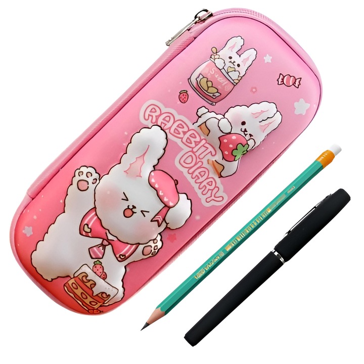 Penar cu imagini 3D, ZEQAS, include un pix si un creion, compus din 2 compartimente, incapator, inchidere cu fermoar, confectionat din material EVA de inalta calitate, design vesel, model iepuras cu capsuni, roz