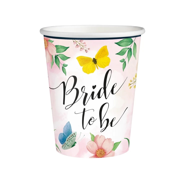 Set 6 pahare carton „Bride to be” petrecerea burlacitelor, roz cu flori si fluturasi, 220ml