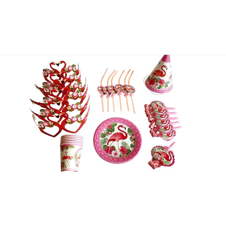 Set 36 accesorii pentru petrecerea copiilor, 6 piese, tematica Flamingo