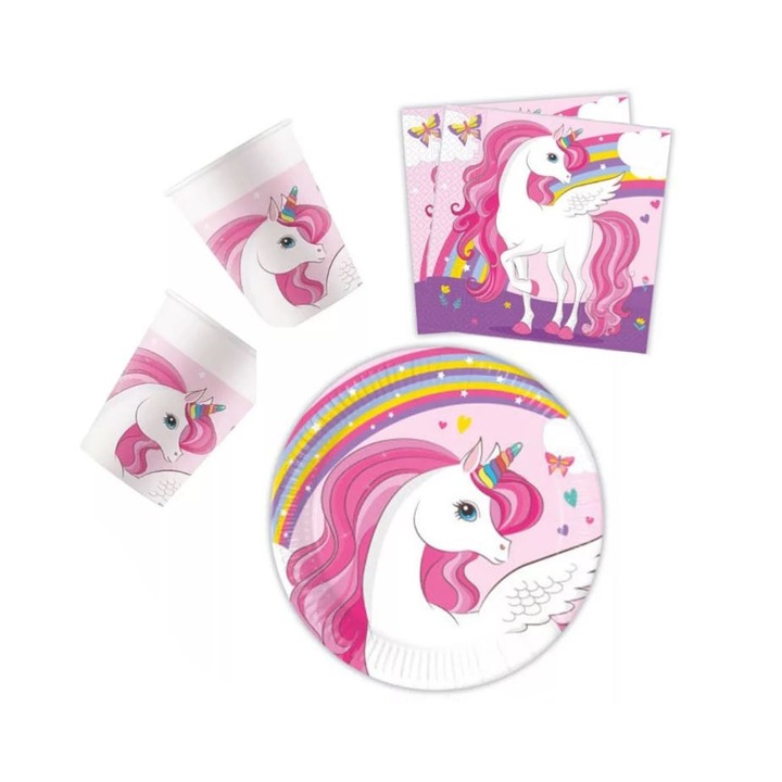 Set 36 accesorii pentru petrecerea copiilor, tematica Unicorn Rainbow
