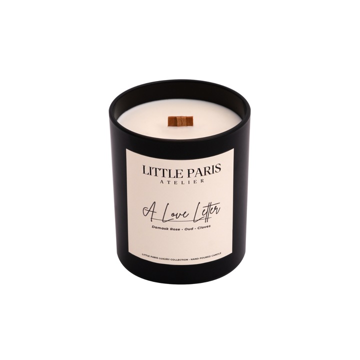 Lumanare parfumata handmade din ceara de soia cu fitil de lemn, A Love Letter - Trandafir de Damask - Bujor - Oud 200 g