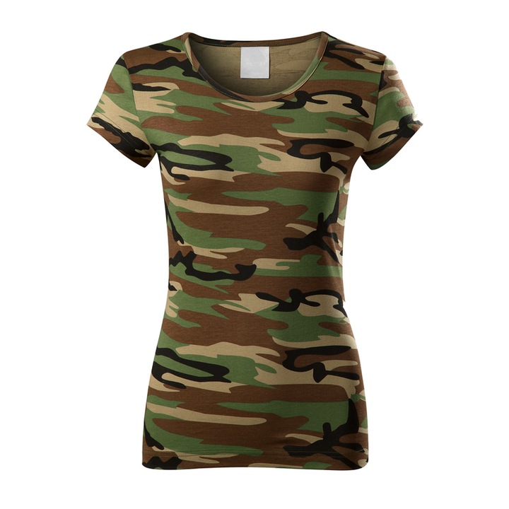 Tricou de sport tip camuflaj, Pentru dama, 100% Bumbac, Croiala cambrata, Maneci mai scurte, Finisaj cu silicon, Maro