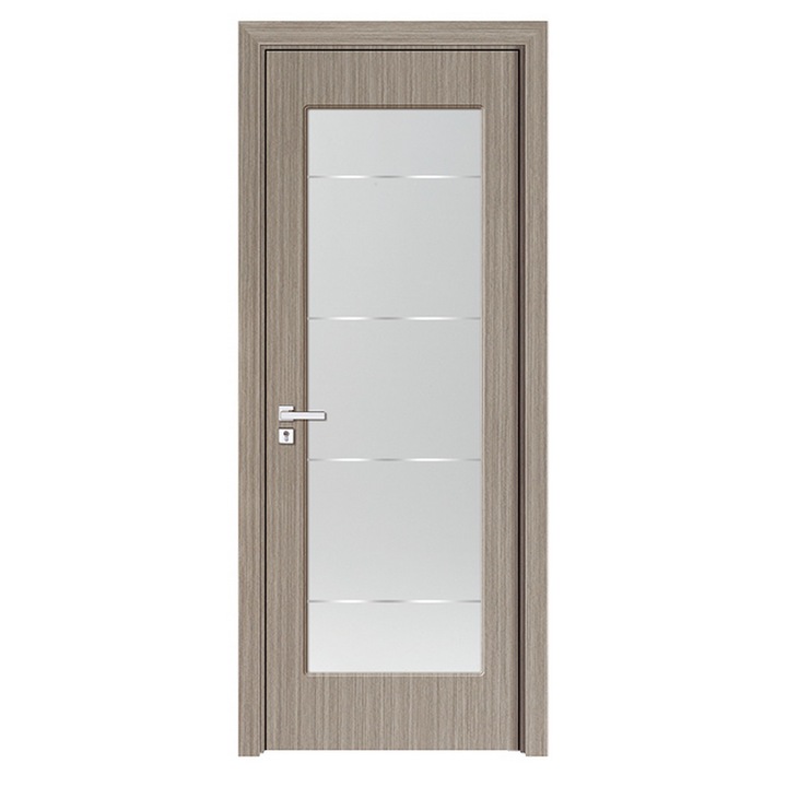 Usa interior din MDF cu toc inclus Novo Doors ND110-1G, dimensiune 200x60 centimetri, geam sablat, cadru din lemn masiv din rasinoase, balamale si clanta incluse, toc fix de 10 centimetri, plinta pe o singura parte, Gri