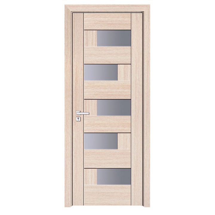 Usa interior din MDF cu toc inclus Novo Doors ND05C LUX, dimensiune 200X60 centimetri, maner patrat, geam sablat, cadru din lemn masiv din rasinoase, balamale si clanta incluse, toc reglabil de 30 centimetri, plinta pe ambele parti, Crem