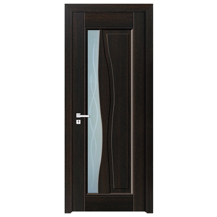 Usa interior din MDF cu toc inclus Novo Doors ND07W LUX, dimensiune 200X60 centimetri, maner patrat, geam sablat, cadru din lemn masiv din rasinoase, balamale si clanta incluse, toc reglabil de 30 centimetri, plinta pe ambele parti, Wenge