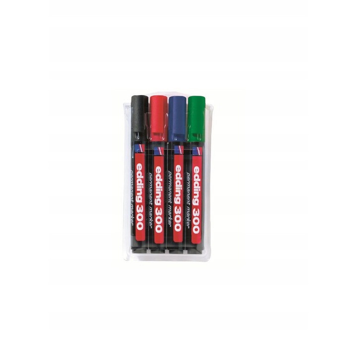 Marker permanent, Edding 300, set 4 culori, corp plastic, varf rotund 1.5 - 3 mm, negru, rosu, albastru, verde
