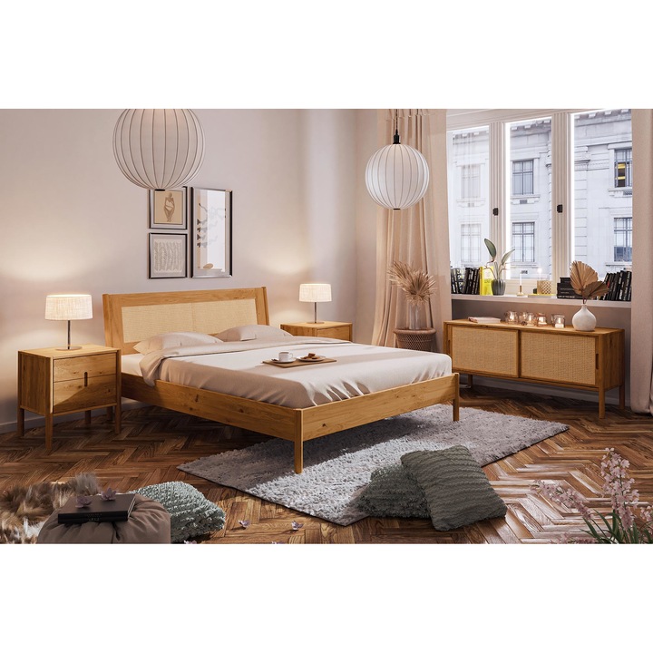 Cadru pat, The Beds, Lemn masiv/ratan, 87 x 204 cm, Bej