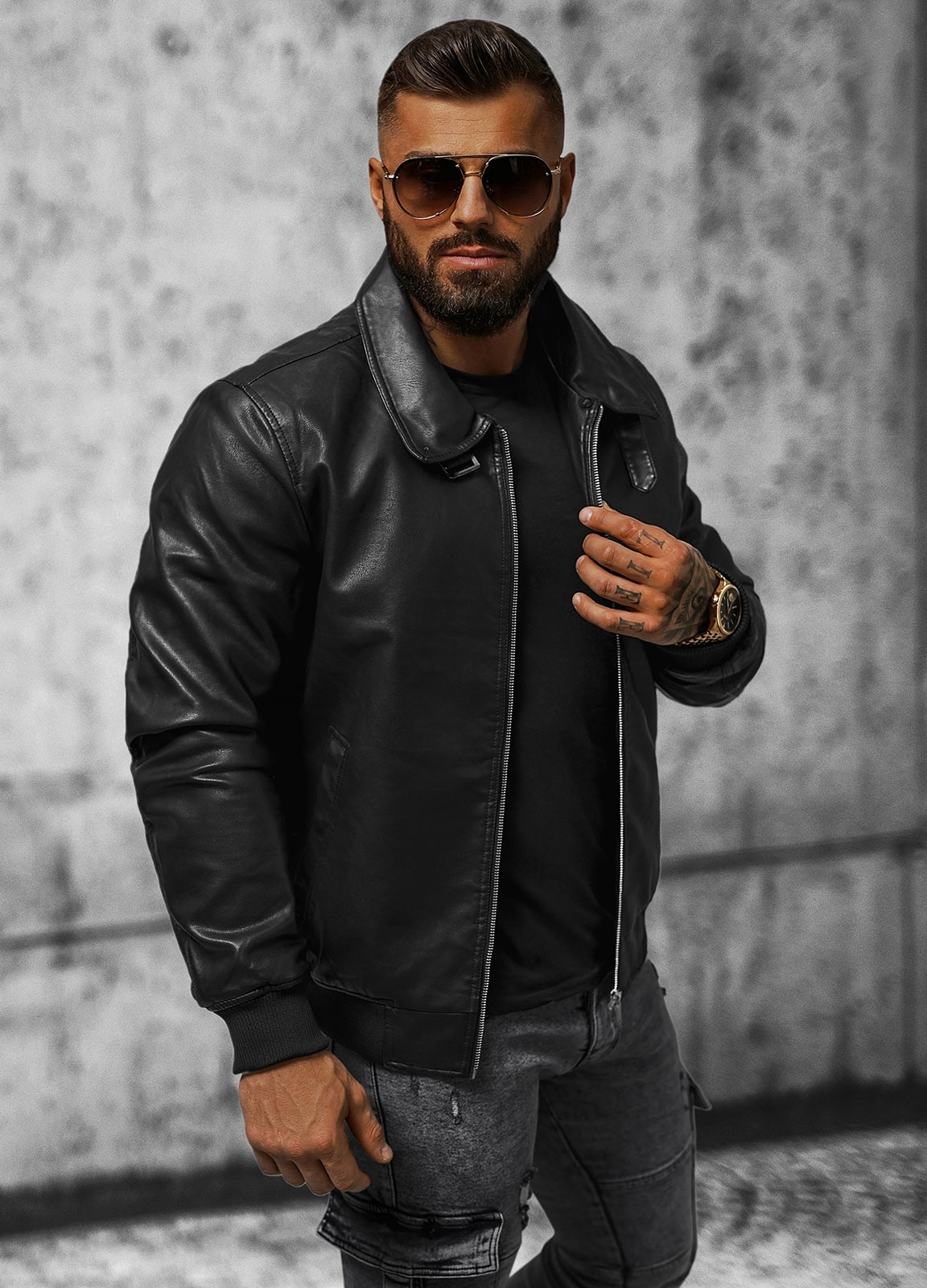 Geaca de piele barbati neagra OZONEE JB/JP1178Z XL - eMAG.ro
