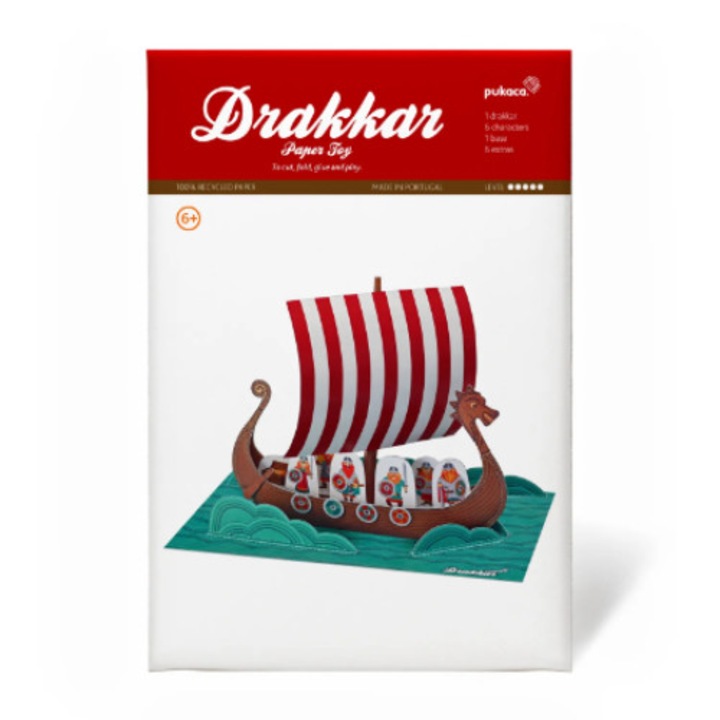 Kit craft de construit o corabie Drakkar de jucarie PUKACA din hartie, prin decupare, pliere, lipire, contine o corabie Drakkar, 6 personaje, o baza si 6 piese extra de asamblat