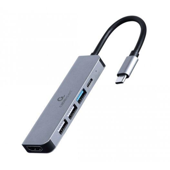 Хъб Gembird 5в1, UCB-C, USB 3.1, 5 портов, Сив