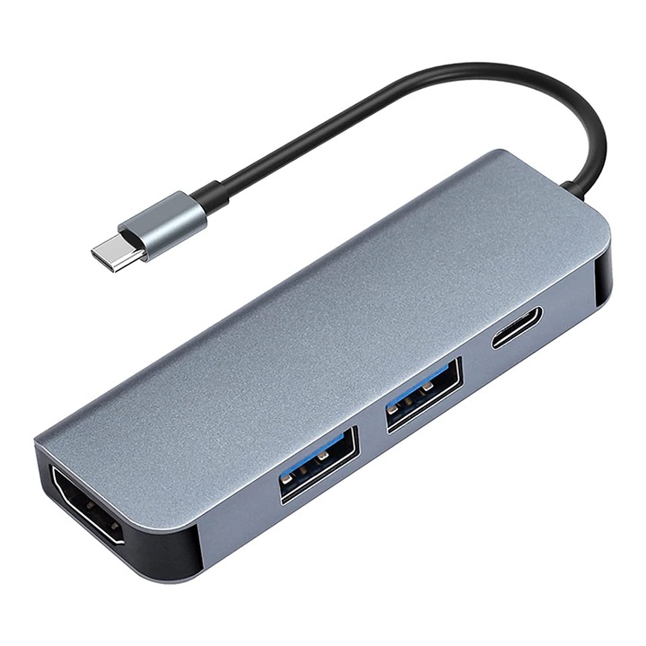 4 в 1 USB Type-C към HDMI многопортов адаптер, USB 3.0, USB 2.0, USB-C, 4K 30Hz, PD 87W, LED индикатор, за MacBook, Chromebook, лаптоп с Type-C зареждане, сив