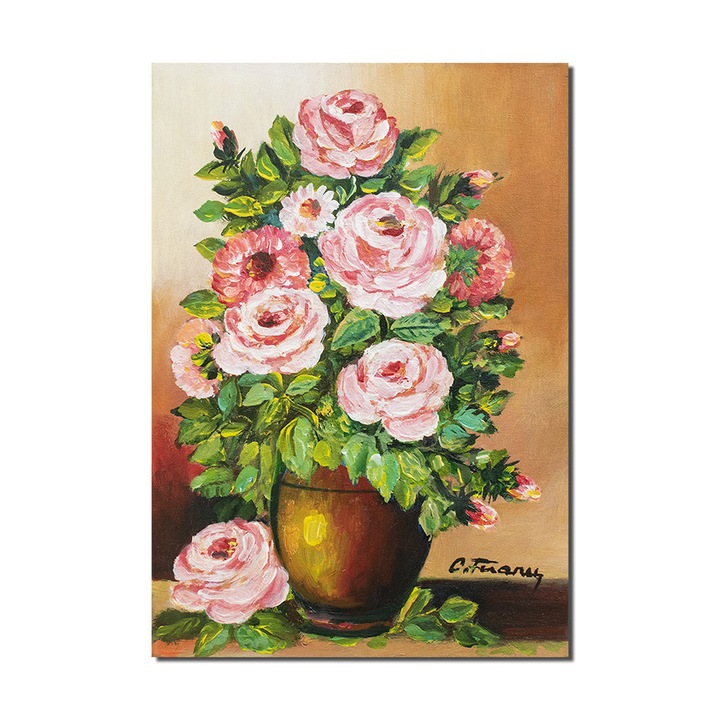 Tablou pictat manual Artnova, Vaza cu trandafiri, pictura 50x35cm ulei pe panza