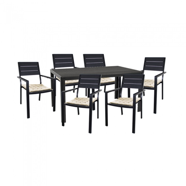 Set mobilier terasa/gradina masa cu scaune RAKI masa 156x78cm cu 6 scaune culoare neagra,6 perne